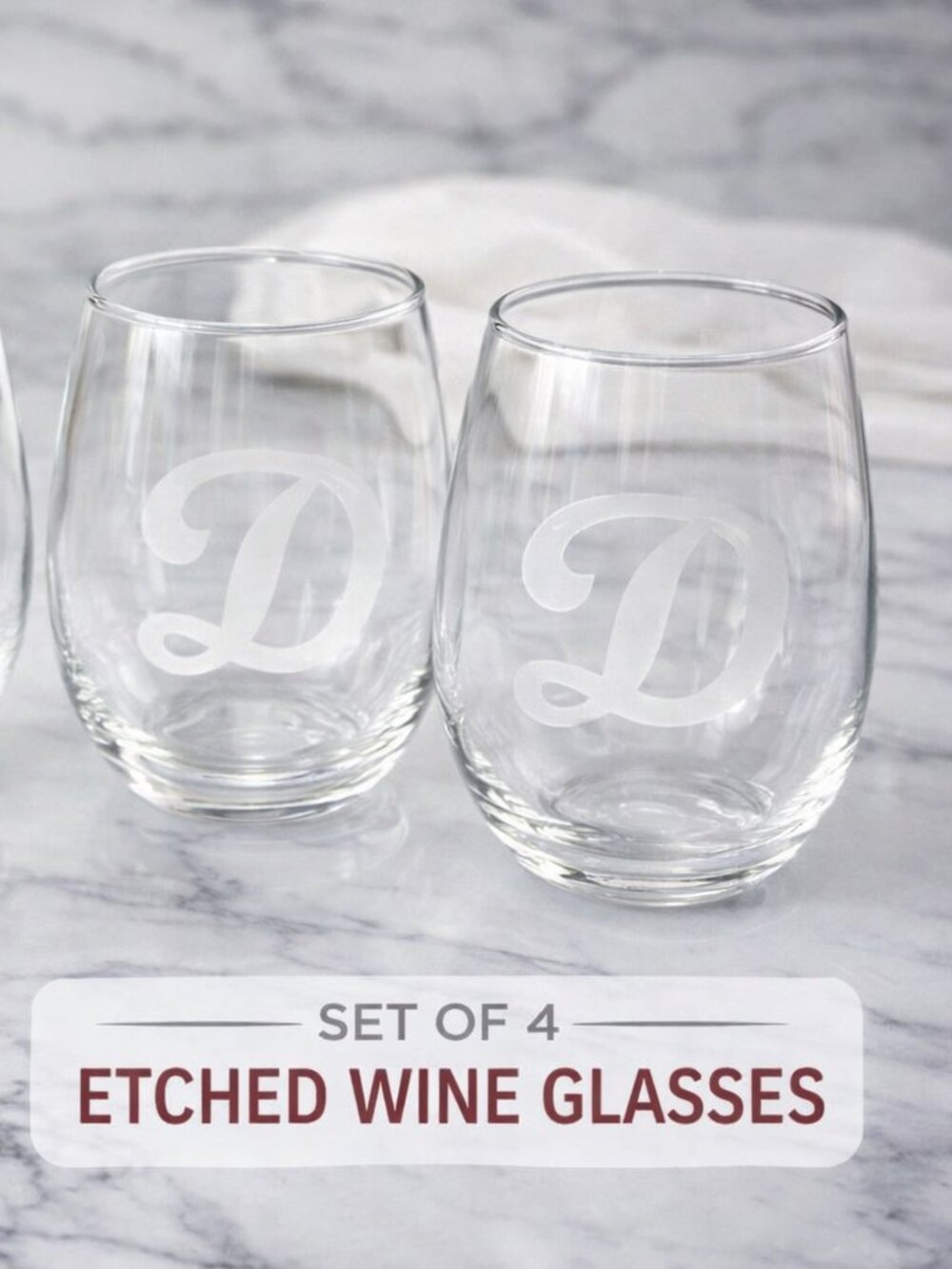 Hand‑Etched Monogram Glass Set – Set of 4